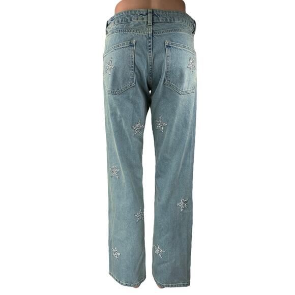 Nasty Gal Women's Blue Embellished Star Print Straight High Rise Denim Jeans 4 - Picture 3 of 7